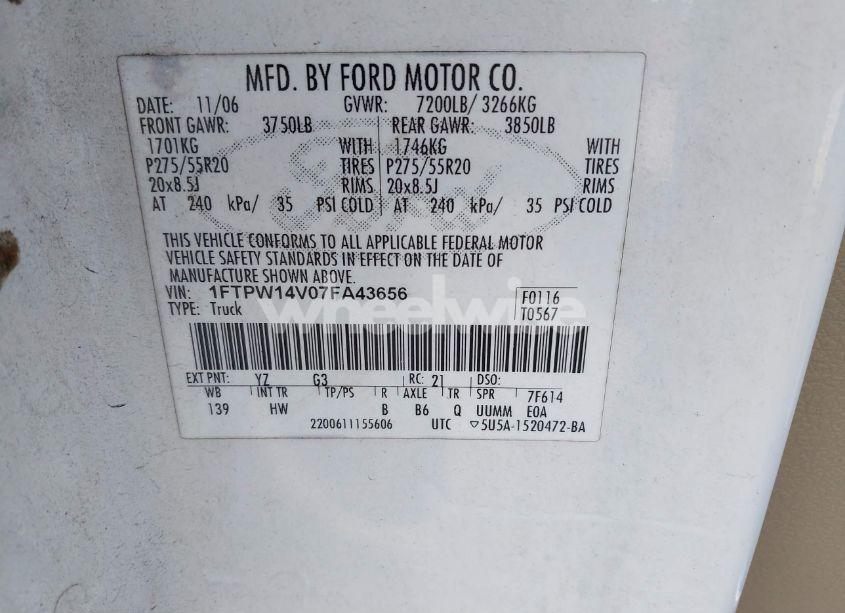 Photo 9 of 2007 Ford F-150 FX4/LARIAT/XLT (VIN 1FTPW14V07FA43656)