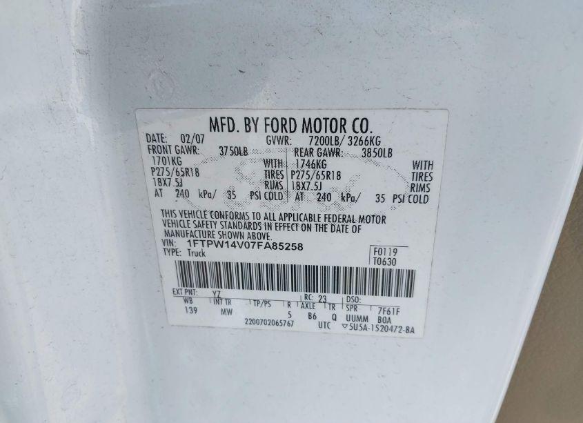 Photo 9 of 2007 Ford F-150 FX4/LARIAT/XLT (VIN 1FTPW14V07FA85258)