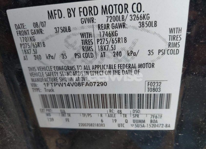 Photo 9 of 2008 Ford F-150 60TH ANNIVERSARY/FX4/KING RANCH/LARIAT/XLT (VIN 1FTPW14V08FA07290)