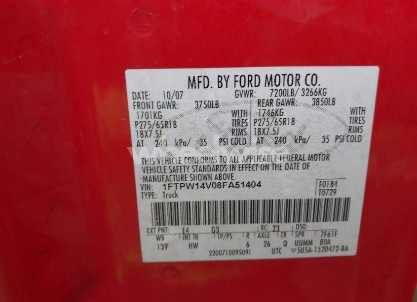 Photo 9 of 2008 Ford F-150 60TH ANNIVERSARY/FX4/KING RANCH/LARIAT/XLT (VIN 1FTPW14V08FA51404)