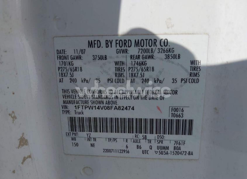 Photo 9 of 2008 Ford F-150 60TH ANNIVERSARY/FX4/KING RANCH/LARIAT/XLT (VIN 1FTPW14V08FA82474)