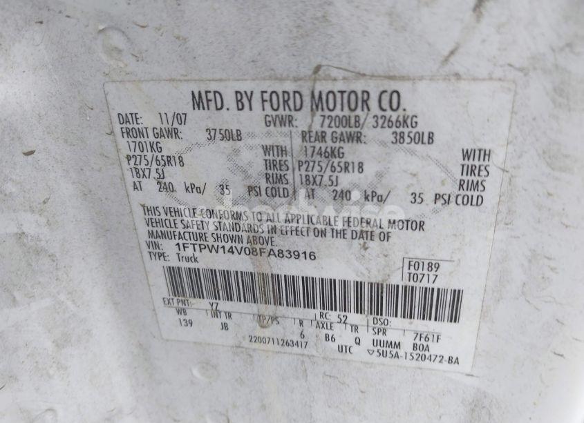 Photo 9 of 2008 Ford F-150 FX4 (VIN 1FTPW14V08FA83916)