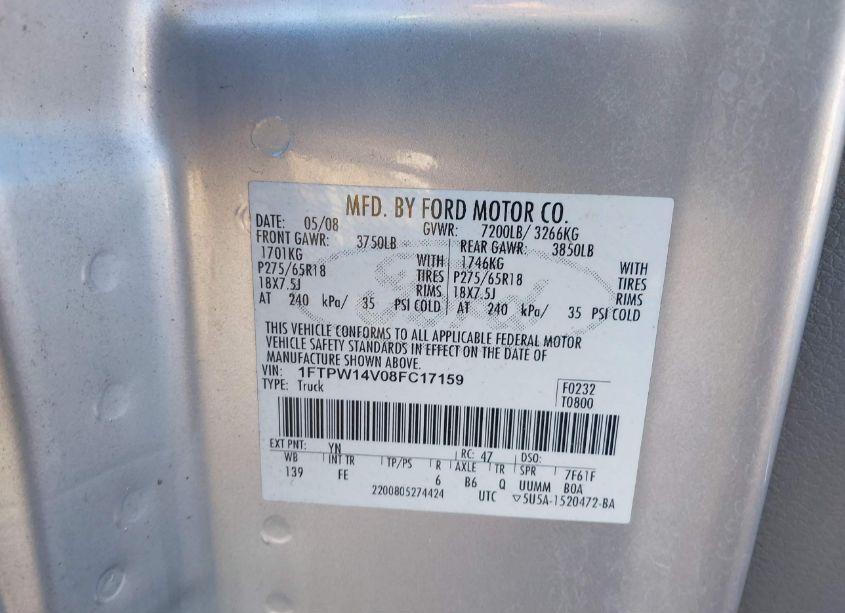 Photo 9 of 2008 Ford F-150 60TH ANNIVERSARY/FX4/KING RANCH/LARIAT/XLT (VIN 1FTPW14V08FC17159)