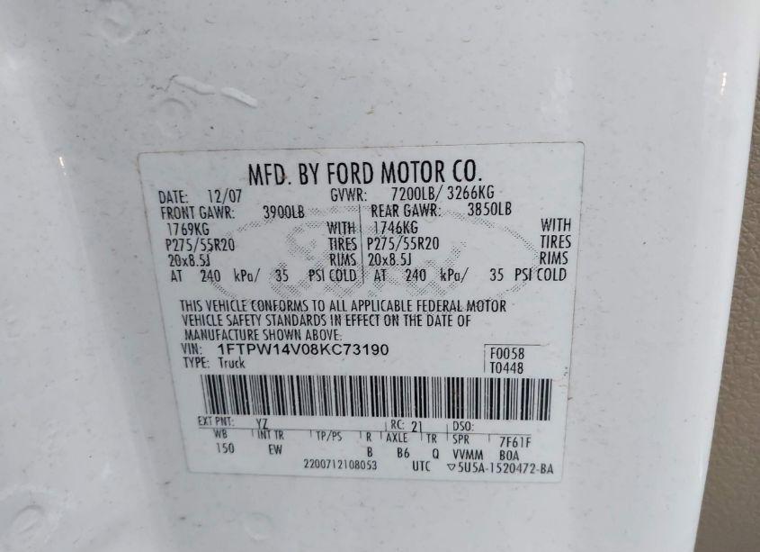 Photo 9 of 2008 Ford F-150 60TH ANNIVERSARY/FX4/KING RANCH/LARIAT/XLT (VIN 1FTPW14V08KC73190)