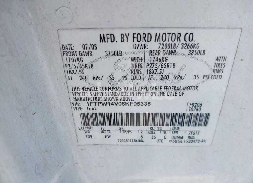 Photo 9 of 2008 Ford F-150 60TH ANNIVERSARY/FX4/KING RANCH/LARIAT/XLT (VIN 1FTPW14V08KF05335)