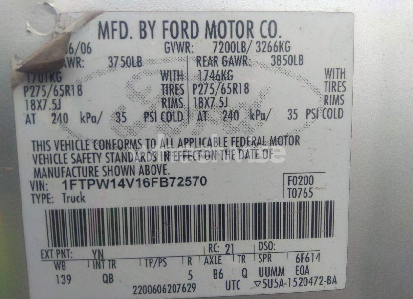 Photo 9 of 2006 Ford F-150 FX4/LARIAT/XLT (VIN 1FTPW14V16FB72570)
