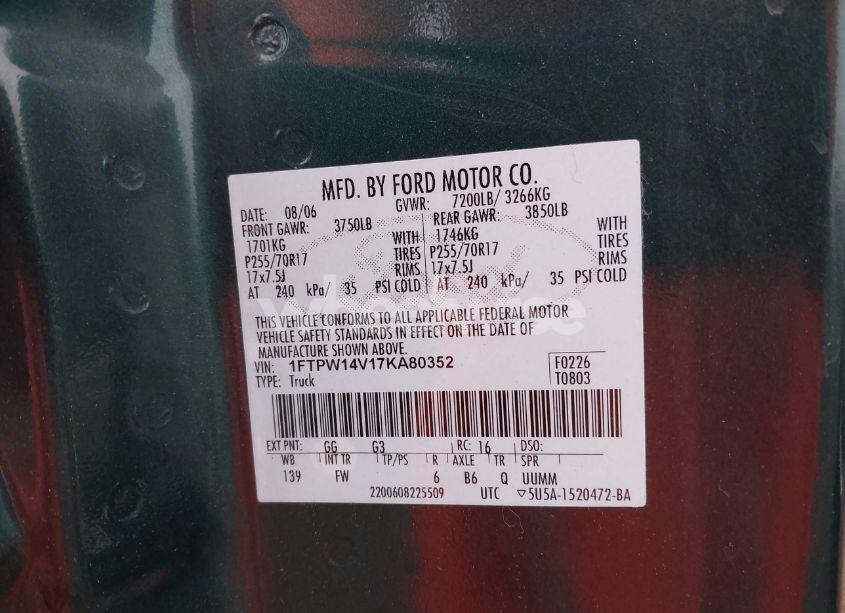 Photo 9 of 2007 Ford F-150 FX4/LARIAT/XLT (VIN 1FTPW14V17KA80352)