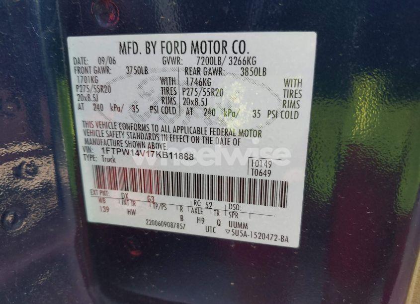 Photo 9 of 2007 Ford F-150 FX4/LARIAT/XLT (VIN 1FTPW14V17KB11888)