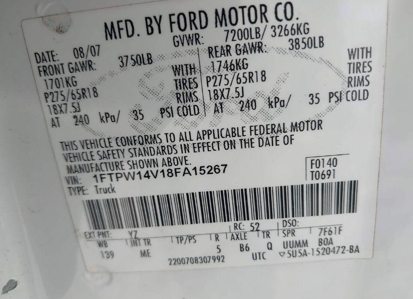 Photo 9 of 2008 Ford F-150 60TH ANNIVERSARY/FX4/KING RANCH/LARIAT/XLT (VIN 1FTPW14V18FA15267)