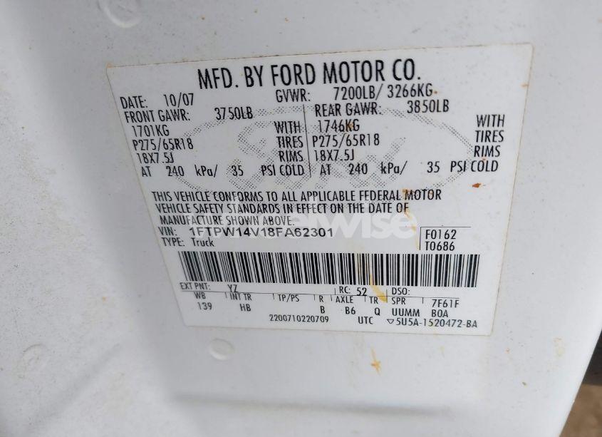 Photo 9 of 2008 Ford F-150 60TH ANNIVERSARY/FX4/KING RANCH/LARIAT/XLT (VIN 1FTPW14V18FA62301)