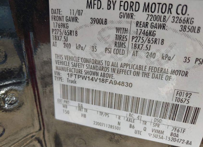 Photo 9 of 2008 Ford F-150 LARIAT (VIN 1FTPW14V18FA94830)