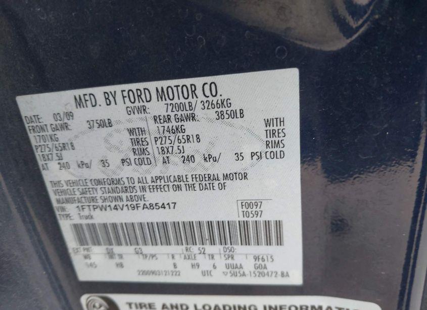 Photo 9 of 2009 Ford F-150 FX4/KING RANCH/LARIAT/PLATINUM/XL/XLT (VIN 1FTPW14V19FA85417)