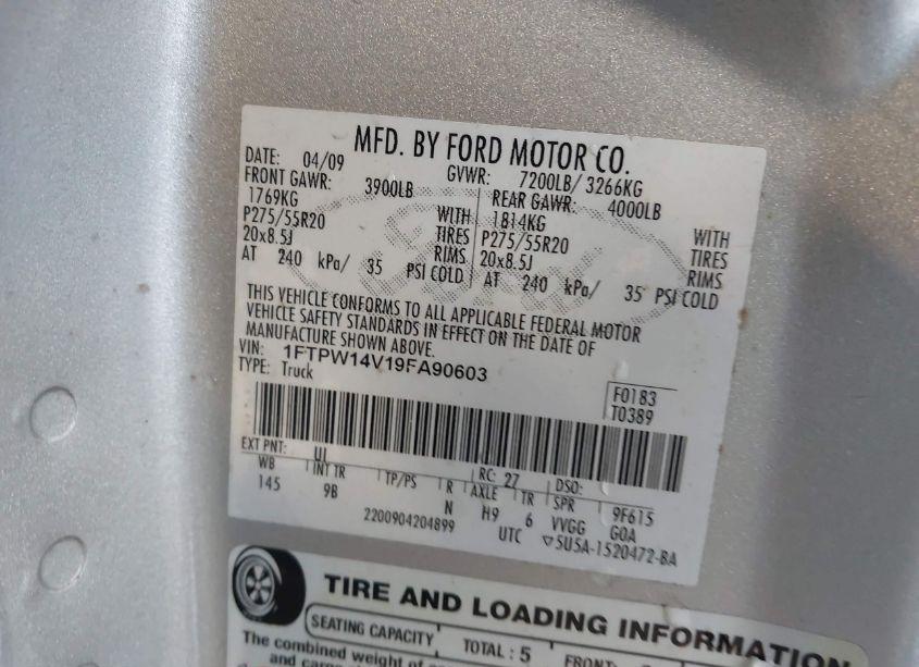 Photo 9 of 2009 Ford F150 SUPERCREW (VIN 1FTPW14V19FA90603)