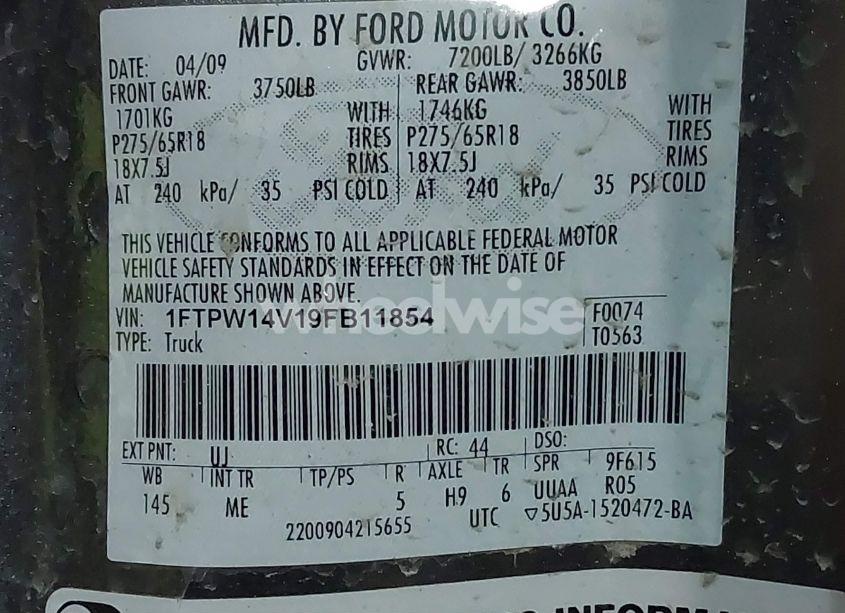 Photo 9 of 2009 Ford F-150 FX4/KING RANCH/LARIAT/PLATINUM/XL/XLT (VIN 1FTPW14V19FB11854)