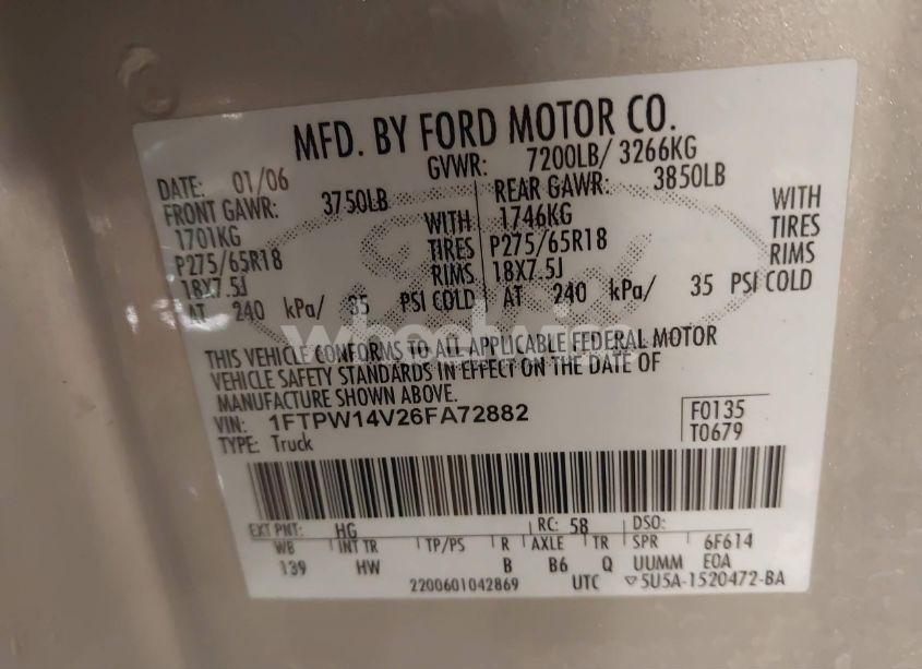 Photo 9 of 2006 Ford F-150 FX4/LARIAT/XLT (VIN 1FTPW14V26FA72882)