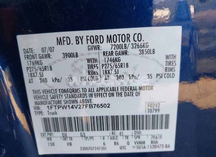 Photo 9 of 2007 Ford F-150 FX4/LARIAT/XLT (VIN 1FTPW14V27FB76502)