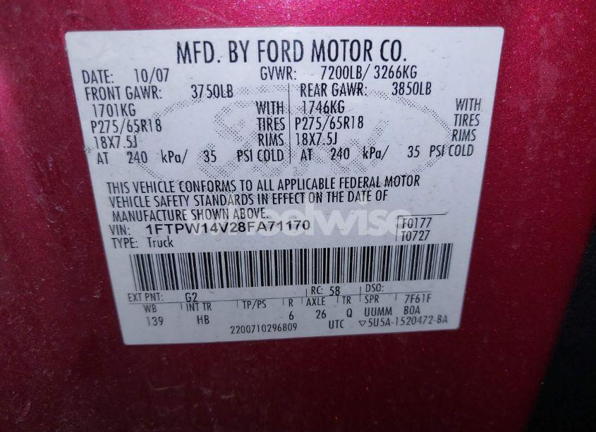 Photo 9 of 2008 Ford F-150 60TH ANNIVERSARY/FX4/KING RANCH/LARIAT/XLT (VIN 1FTPW14V28FA71170)