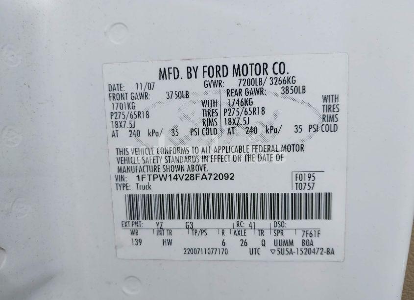 Photo 9 of 2008 Ford F-150 60TH ANNIVERSARY/FX4/KING RANCH/LARIAT/XLT (VIN 1FTPW14V28FA72092)