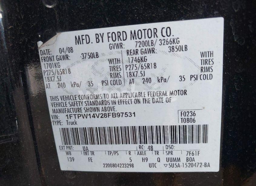 Photo 9 of 2008 Ford F-150 60TH ANNIVERSARY/FX4/KING RANCH/LARIAT/XLT (VIN 1FTPW14V28FB97531)