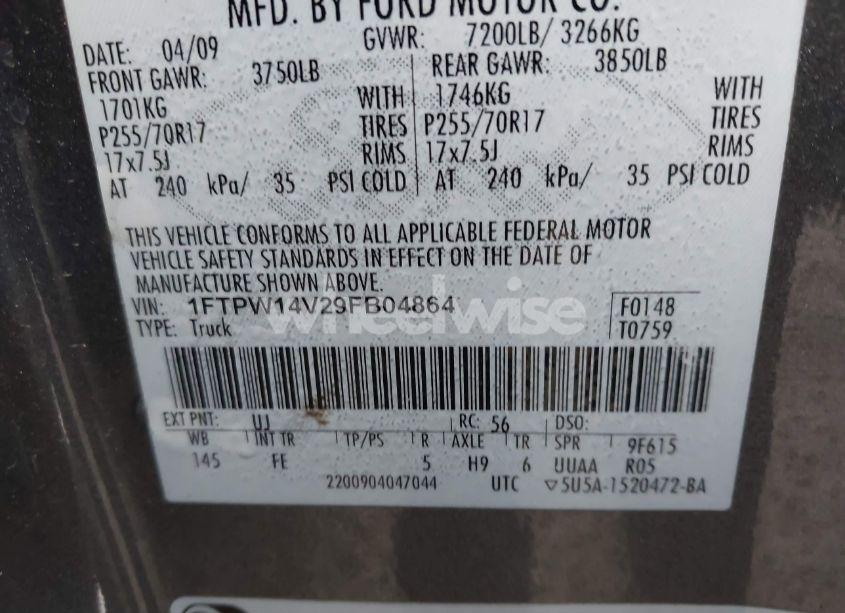 Photo 9 of 2009 Ford F-150 FX4/KING RANCH/LARIAT/PLATINUM/XL/XLT (VIN 1FTPW14V29FB04864)