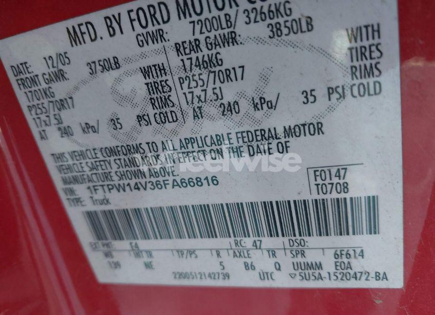 Photo 9 of 2006 Ford F-150 FX4/LARIAT/XLT (VIN 1FTPW14V36FA66816)