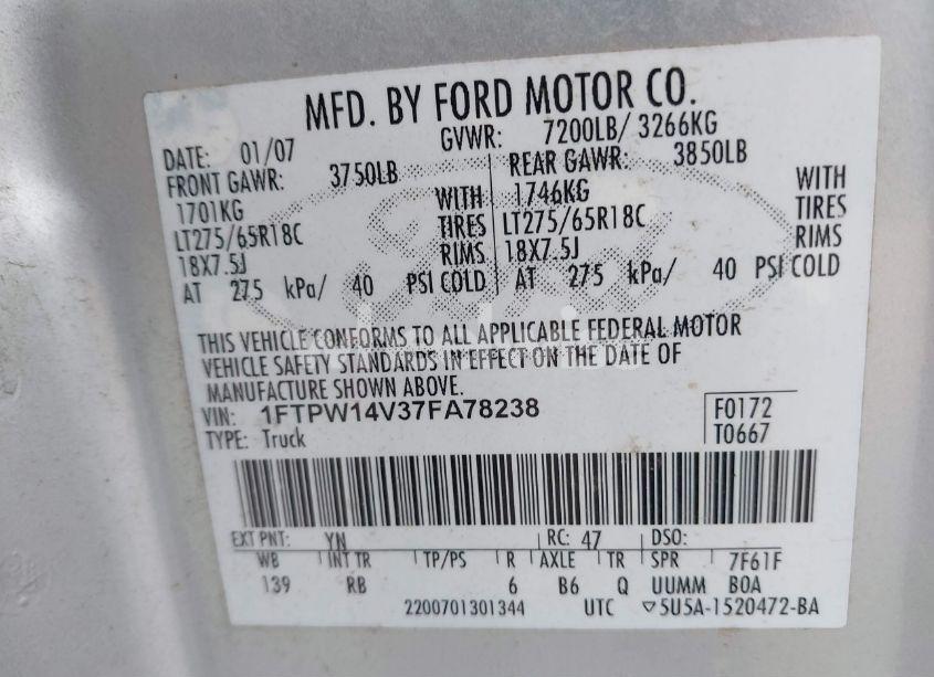 Photo 9 of 2007 Ford F-150 FX4/LARIAT/XLT (VIN 1FTPW14V37FA78238)