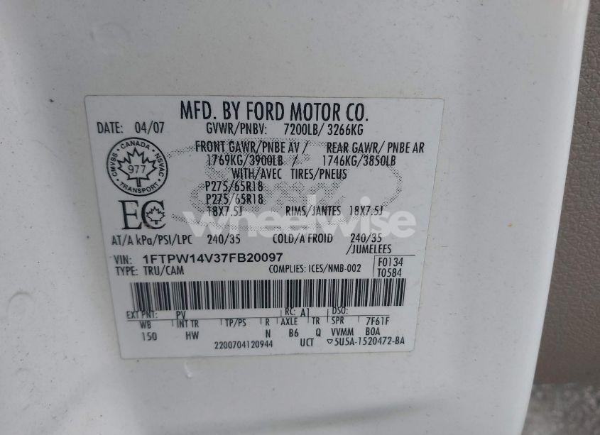 Photo 9 of 2007 Ford F-150 FX4/LARIAT/XLT (VIN 1FTPW14V37FB20097)