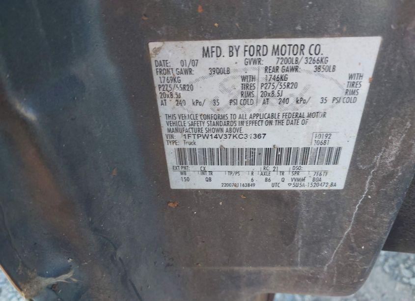 Photo 9 of 2007 Ford F-150 FX4/LARIAT/XLT (VIN 1FTPW14V37KC31367)