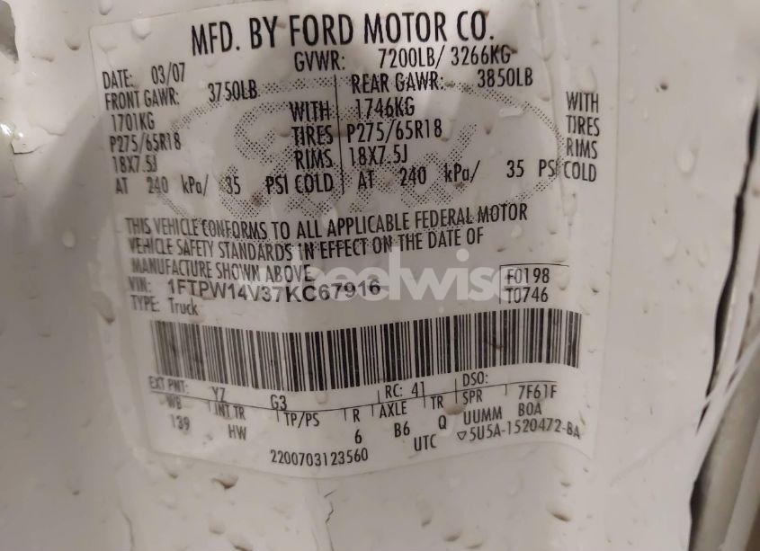 Photo 9 of 2007 Ford F-150 FX4/LARIAT/XLT (VIN 1FTPW14V37KC67916)