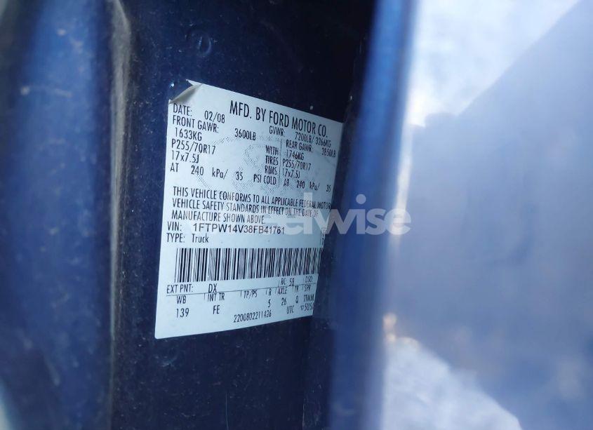 Photo 9 of 2008 Ford F-150 60TH ANNIVERSARY/FX4/KING RANCH/LARIAT/XLT (VIN 1FTPW14V38FB41761)