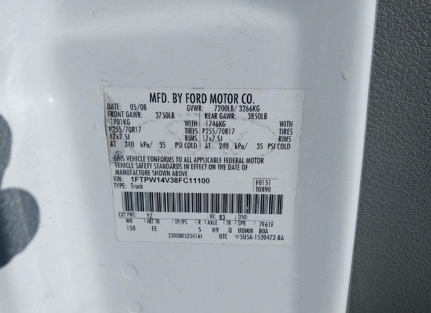 Photo 9 of 2008 Ford F-150 60TH ANNIVERSARY/FX4/KING RANCH/LARIAT/XLT (VIN 1FTPW14V38FC11100)