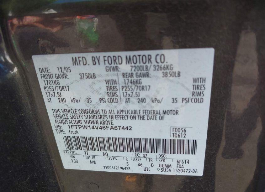 Photo 9 of 2006 Ford F-150 FX4/LARIAT/XLT (VIN 1FTPW14V46FA67442)
