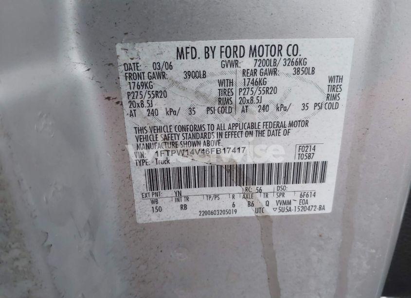 Photo 9 of 2006 Ford F-150 FX4/LARIAT/XLT (VIN 1FTPW14V46FB17417)