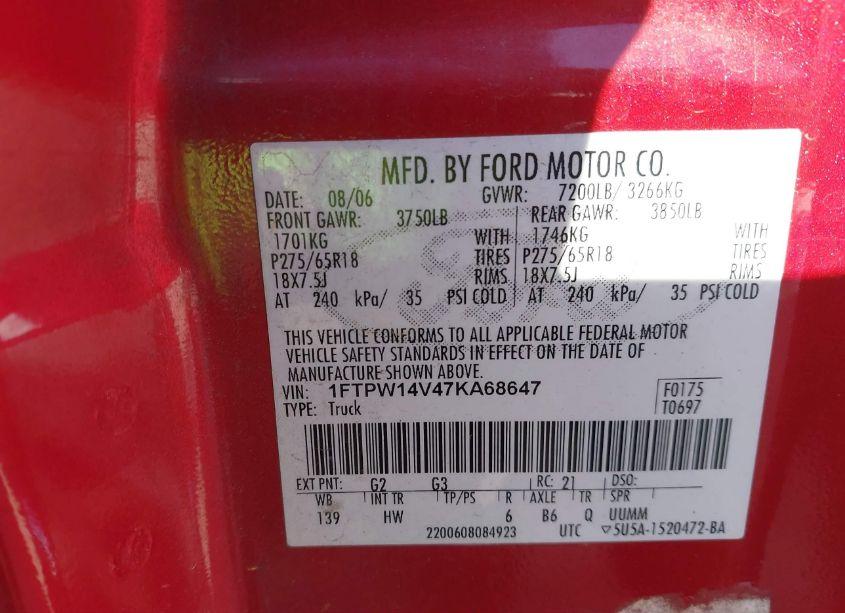 Photo 9 of 2007 Ford F-150 FX4/LARIAT/XLT (VIN 1FTPW14V47KA68647)