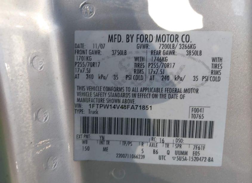 Photo 9 of 2008 Ford F-150 60TH ANNIVERSARY/FX4/KING RANCH/LARIAT/XLT (VIN 1FTPW14V48FA71851)