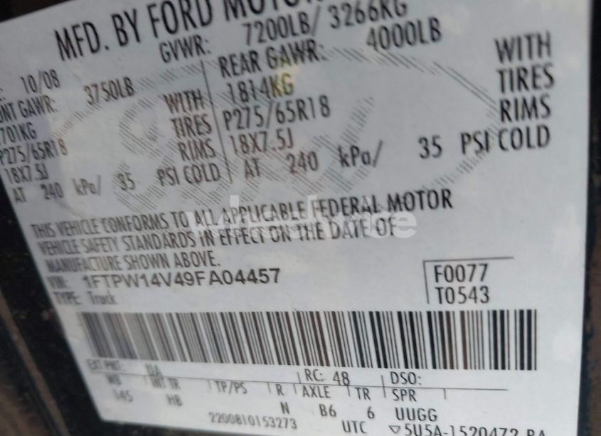 Photo 9 of 2009 Ford F-150 FX4/KING RANCH/LARIAT/PLATINUM/XL/XLT (VIN 1FTPW14V49FA04457)