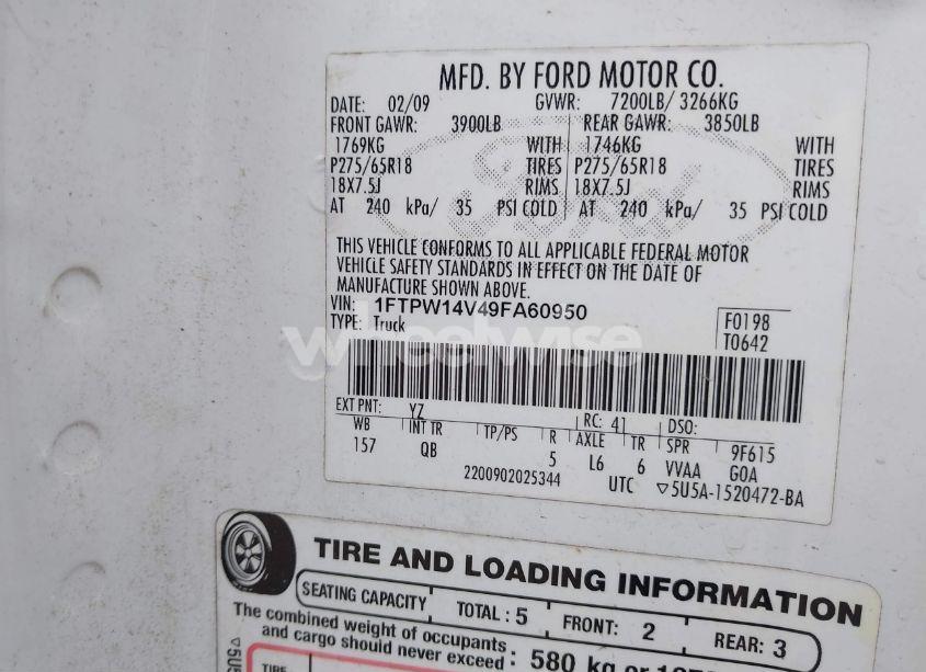 Photo 9 of 2009 Ford F-150 FX4/KING RANCH/LARIAT/PLATINUM/XL/XLT (VIN 1FTPW14V49FA60950)