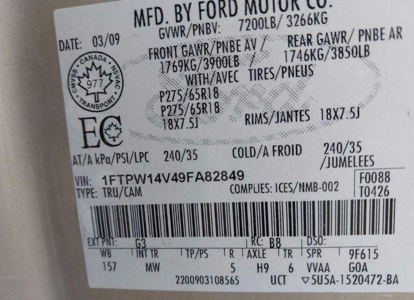 Photo 9 of 2009 Ford F-150 FX4/KING RANCH/LARIAT/PLATINUM/XL/XLT (VIN 1FTPW14V49FA82849)