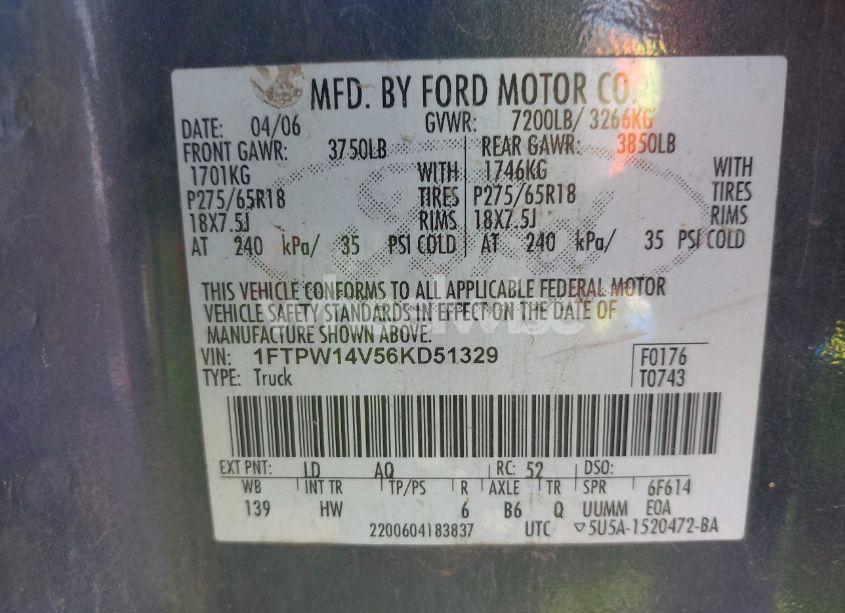 Photo 9 of 2006 Ford F-150 FX4/LARIAT/XLT (VIN 1FTPW14V56KD51329)