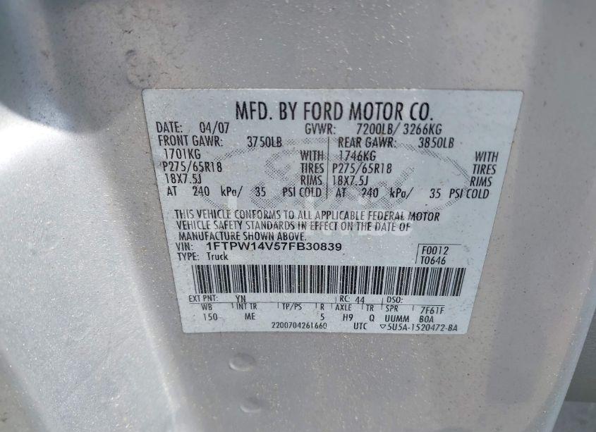 Photo 9 of 2007 Ford F-150 FX4/LARIAT/XLT (VIN 1FTPW14V57FB30839)