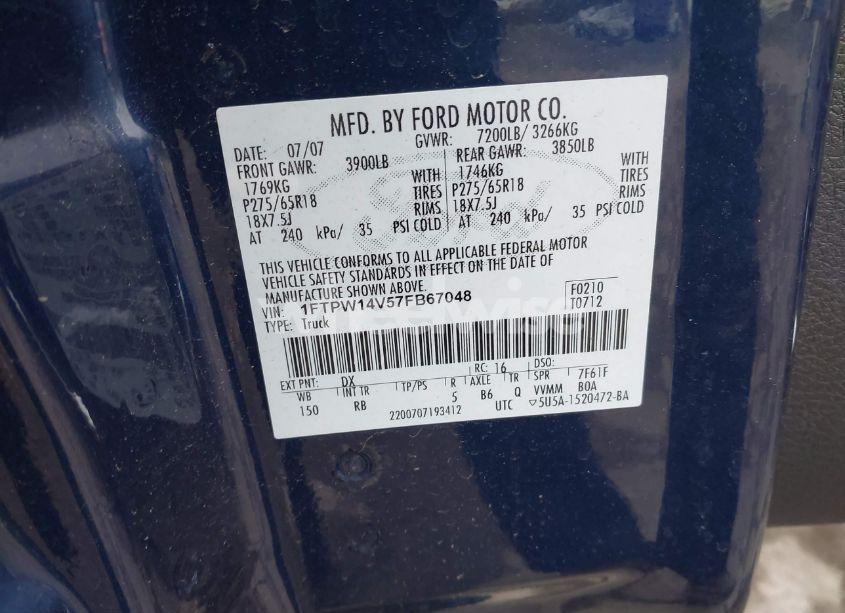 Photo 9 of 2007 Ford F-150 FX4/LARIAT/XLT (VIN 1FTPW14V57FB67048)