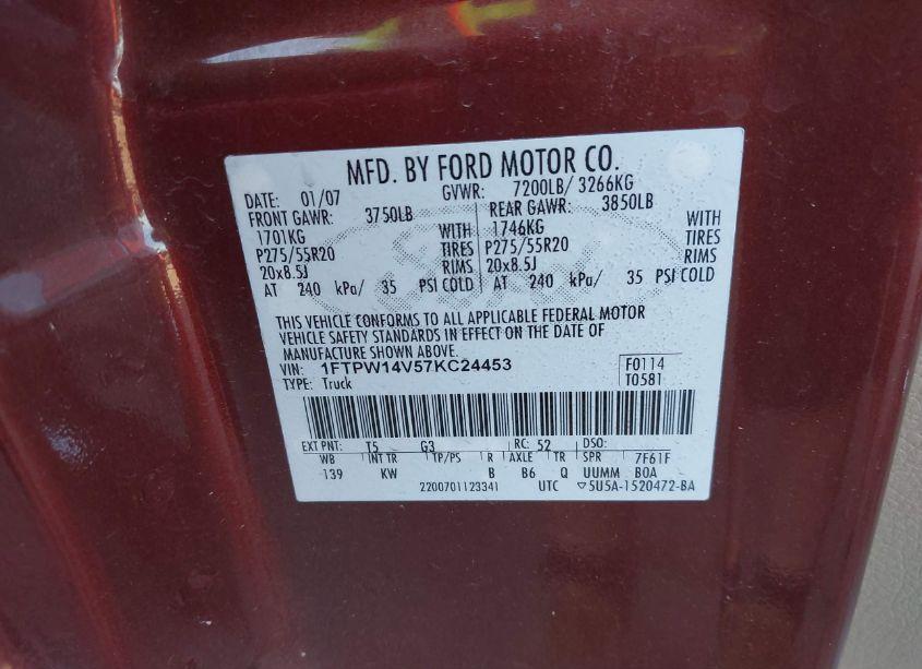 Photo 9 of 2007 Ford F-150 FX4/LARIAT/XLT (VIN 1FTPW14V57KC24453)