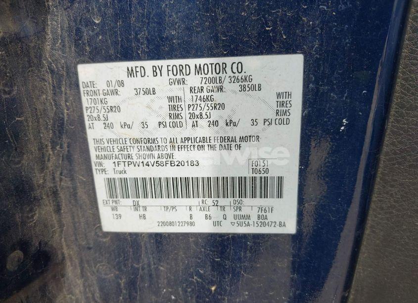 Photo 9 of 2008 Ford F-150 60TH ANNIVERSARY/FX4/KING RANCH/LARIAT/XLT (VIN 1FTPW14V58FB20183)