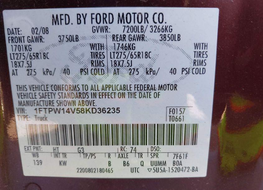 Photo 9 of 2008 Ford F-150 FX4/LARIAT/XLT (VIN 1FTPW14V58KD36235)