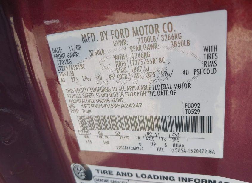 Photo 9 of 2009 Ford F-150 FX4/KING RANCH/LARIAT/PLATINUM/XL/XLT (VIN 1FTPW14V59FA24247)