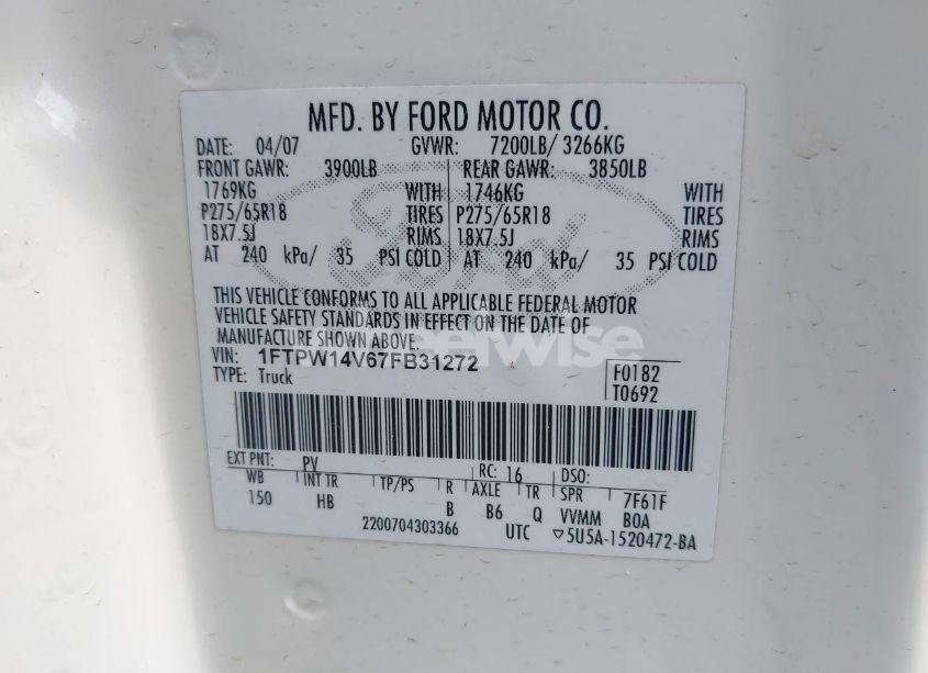 Photo 9 of 2007 Ford F-150 FX4/LARIAT/XLT (VIN 1FTPW14V67FB31272)