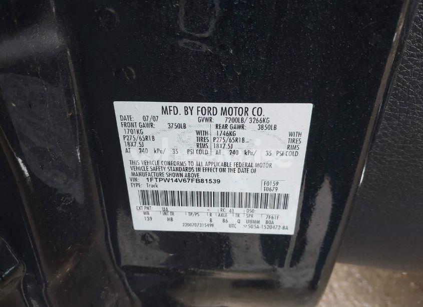 Photo 9 of 2007 Ford F-150 FX4/LARIAT/XLT (VIN 1FTPW14V67FB81539)