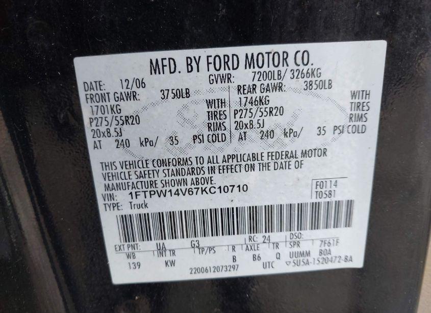 Photo 9 of 2007 Ford F-150 FX4/LARIAT/XLT (VIN 1FTPW14V67KC10710)
