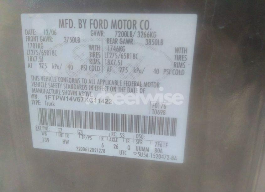 Photo 9 of 2007 Ford F-150 FX4/LARIAT/XLT (VIN 1FTPW14V67KC11422)