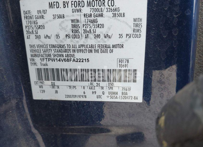 Photo 9 of 2008 Ford F-150 60TH ANNIVERSARY/FX4/KING RANCH/LARIAT/XLT (VIN 1FTPW14V68FA22215)